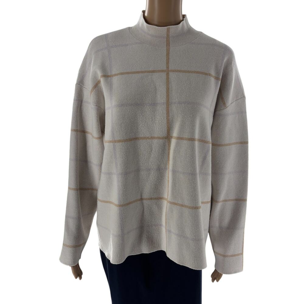 Anthropologie Cream Windowpane Plaid Ivanna Knit Mock Neck Sweater - Picture 4 of 10